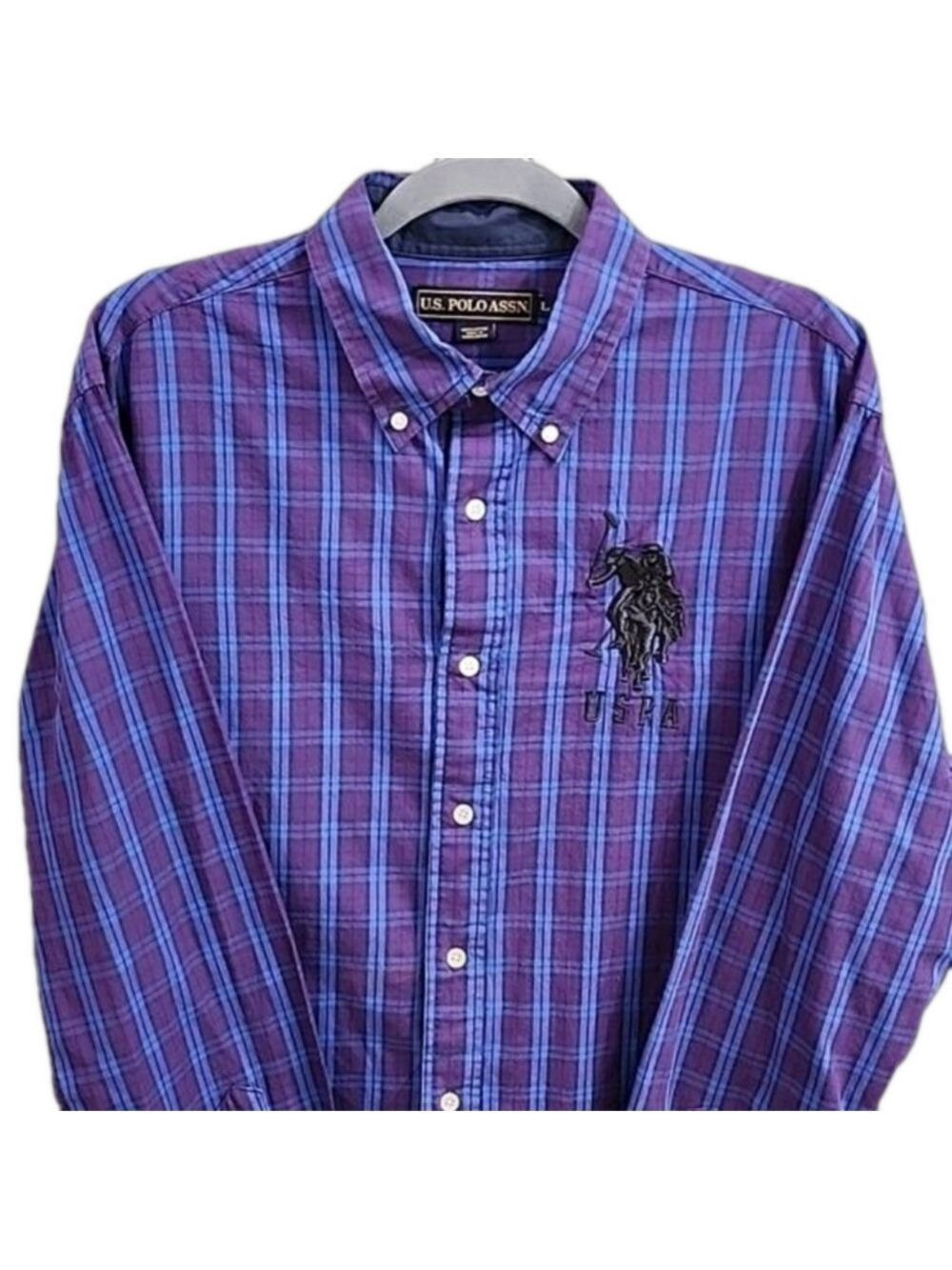 U.S. POLO ASSN. MEN'S BUTTON DOWN DRESS SHIRT SIZE LARGE BLUE AND PURPLE CHECK